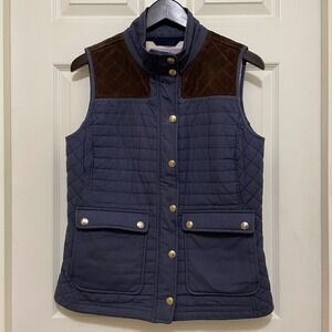 Vineyard Vines Quilted Hunting Vest Full Zip Lined Navy Blue Suede‎ Leather S